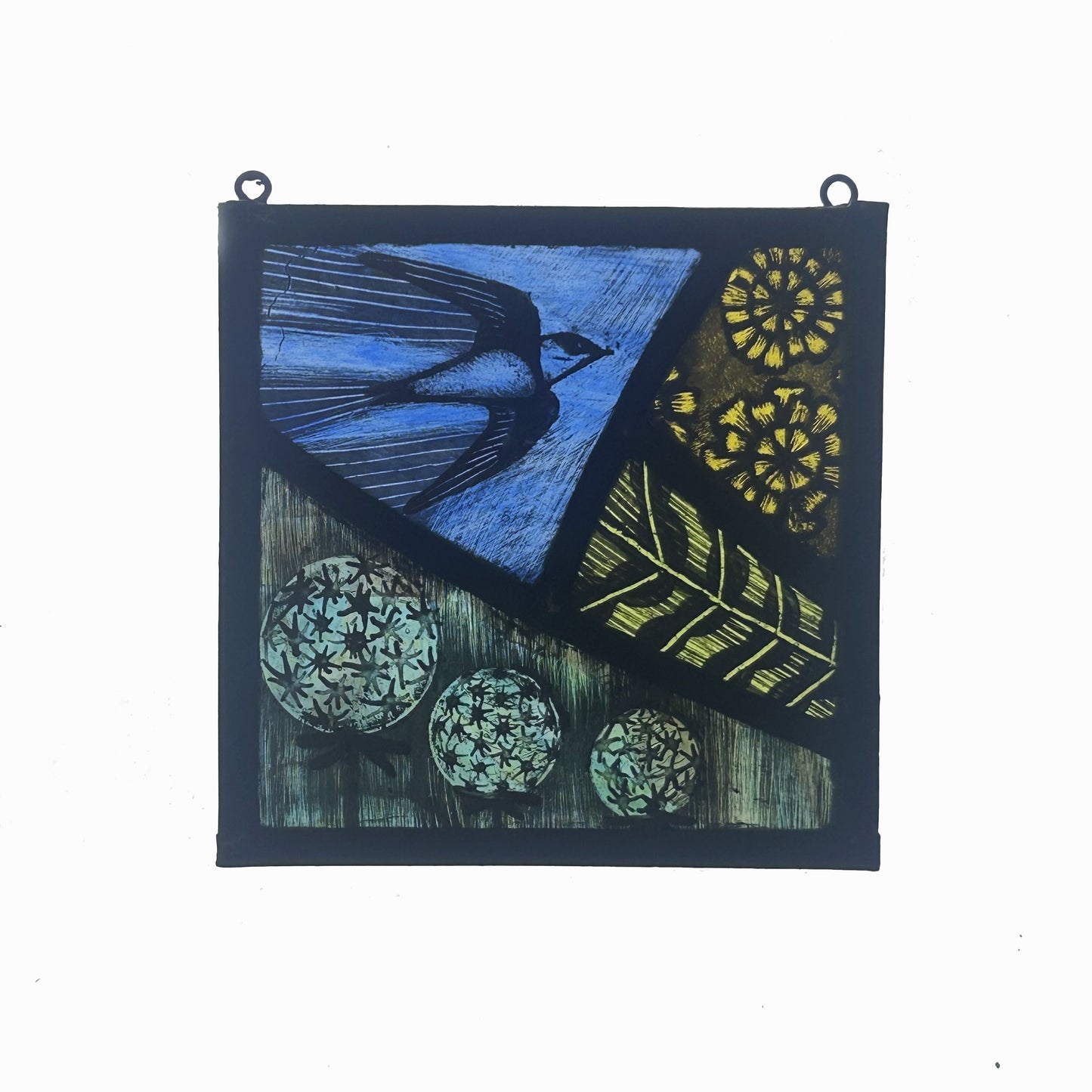 Sand Martin, Dandelion Flowers and Clock Stained Glass Panel Square, Small