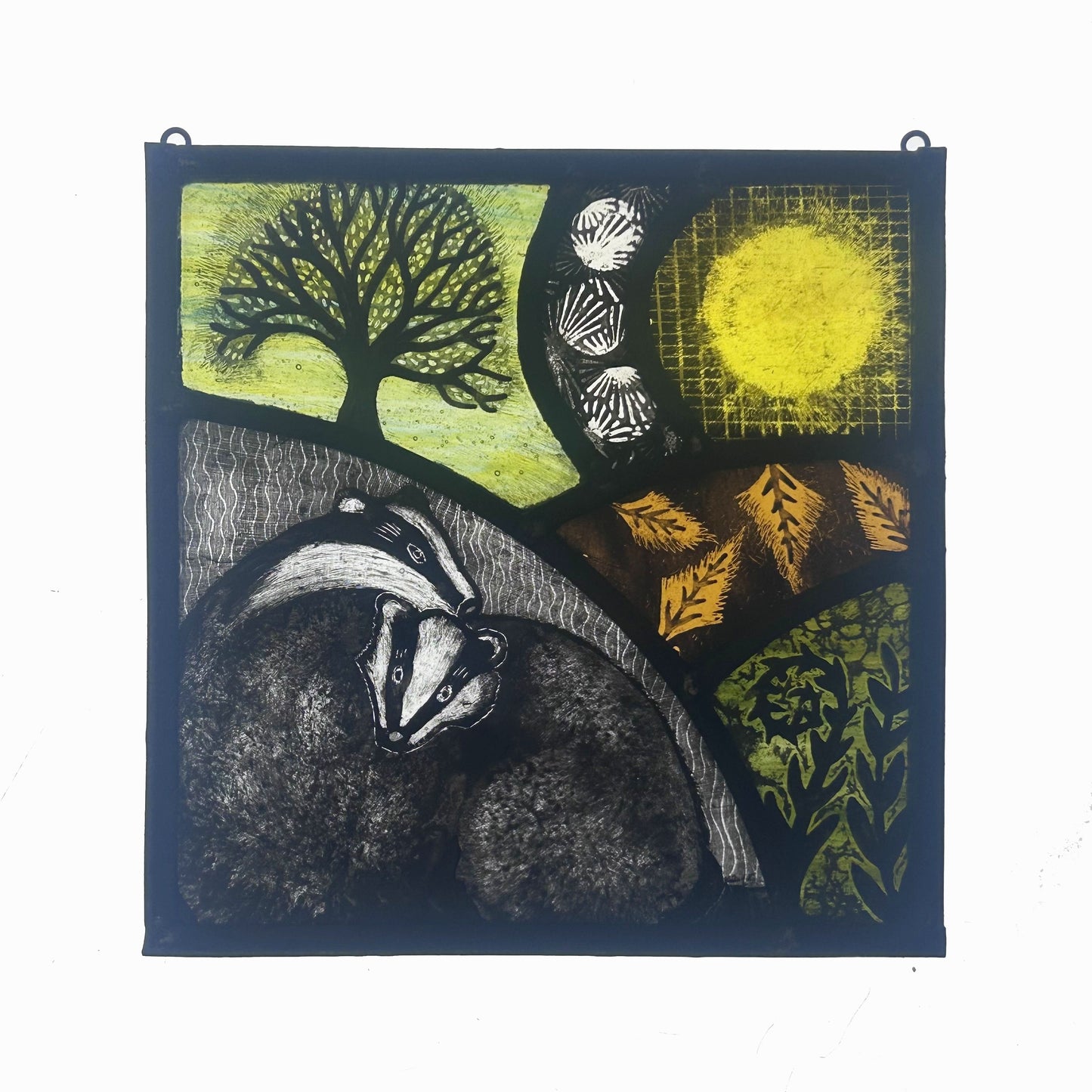 Badgers in Burrow Stained Glass Panel, Medium Square