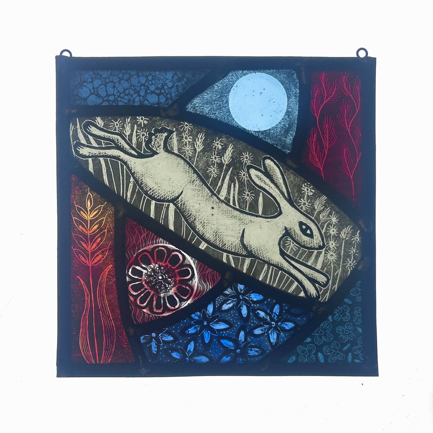 Leaping Hare and Moon Stained Glass Square, Medium