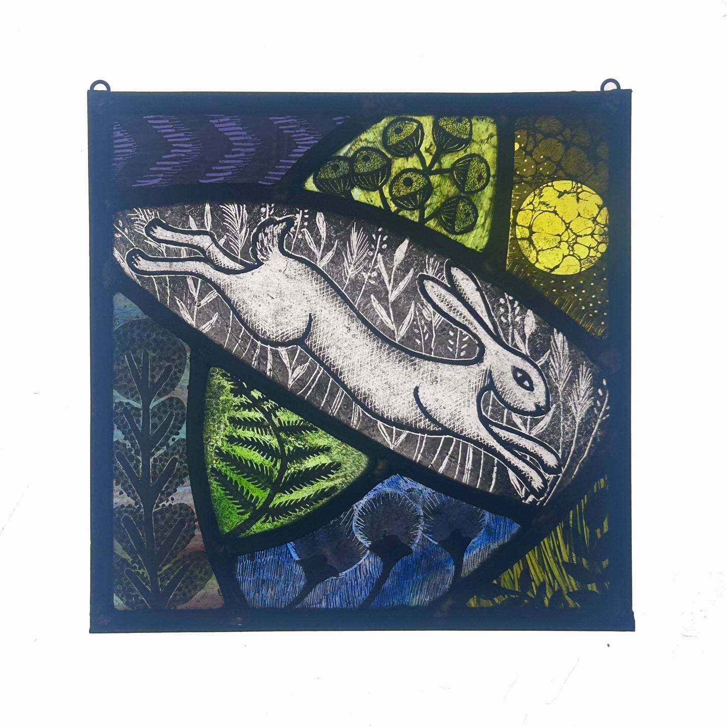 Leaping Hare and Sun Stained Glass Square, Medium
