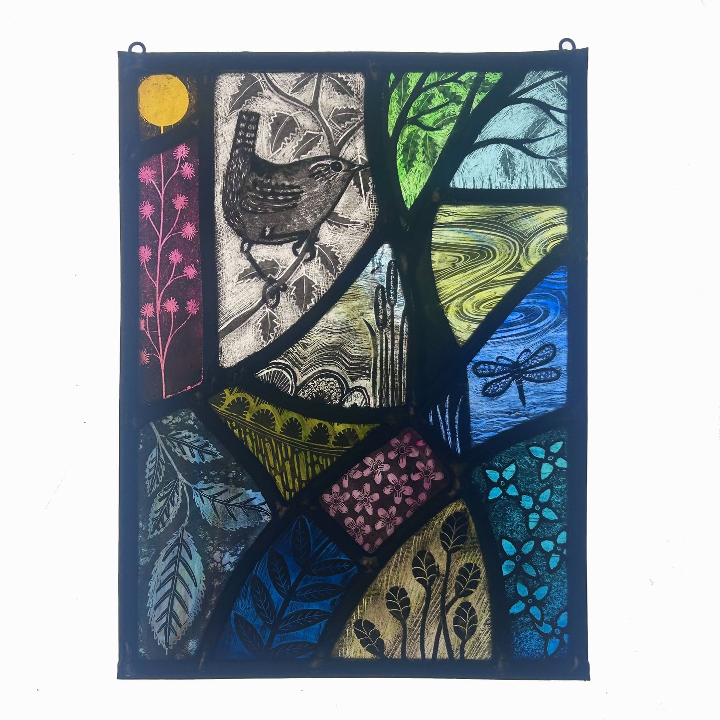Wren and Dragonfly Stained Glass Panel, Rectangle
