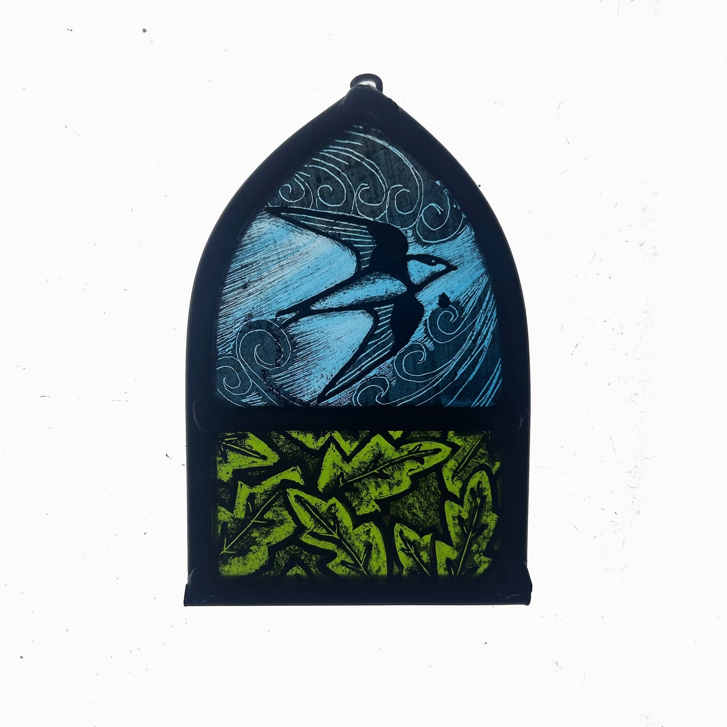 House Martin with Green Leaves Glass Arch, Small