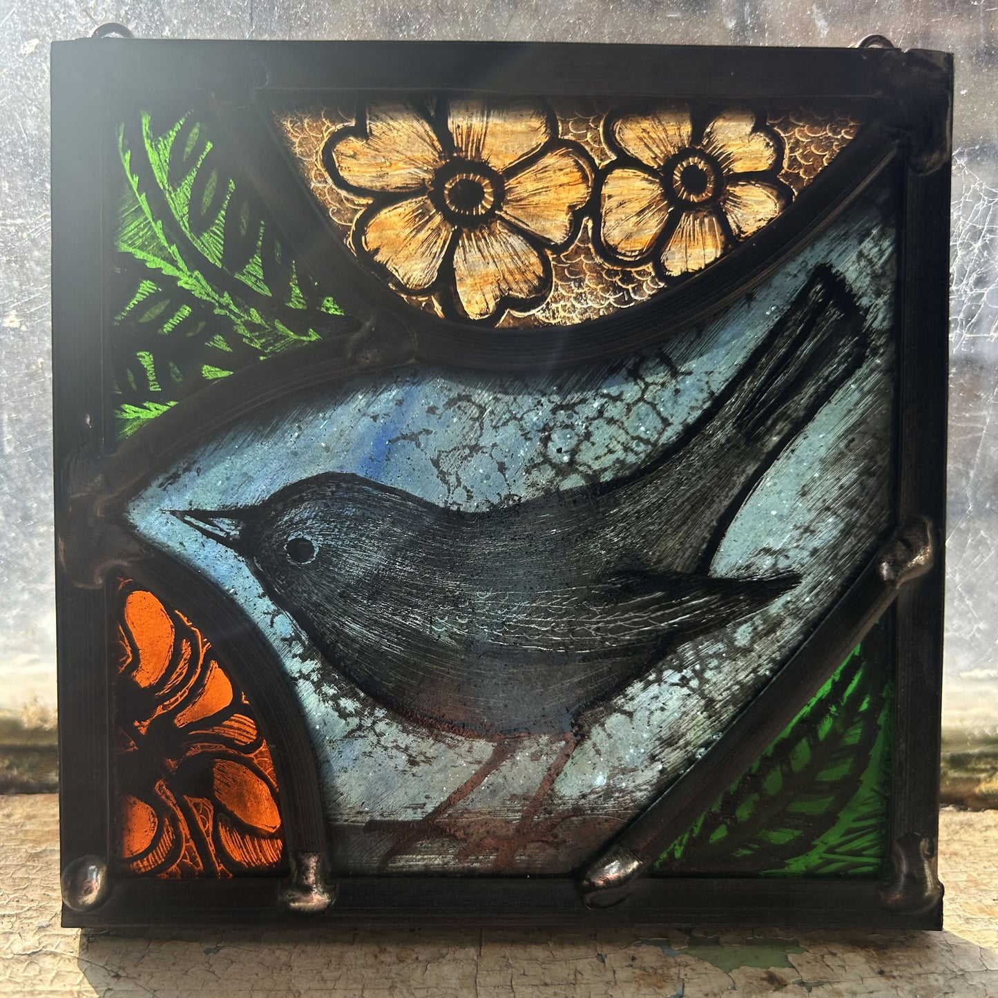Blackbird and Flowers Stained Glass Panel Square, Small