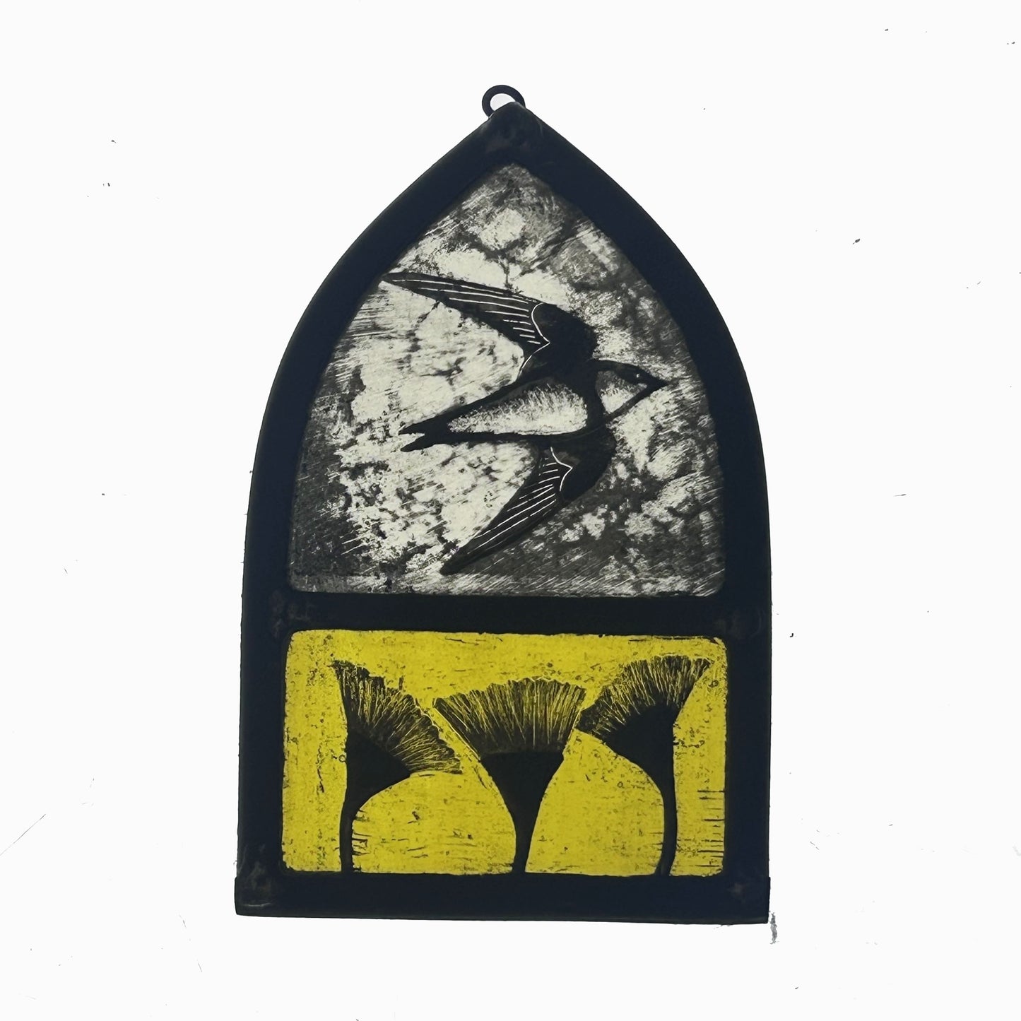 House Martin with Yellow Teasel Flowers Stained Glass Arch, Small
