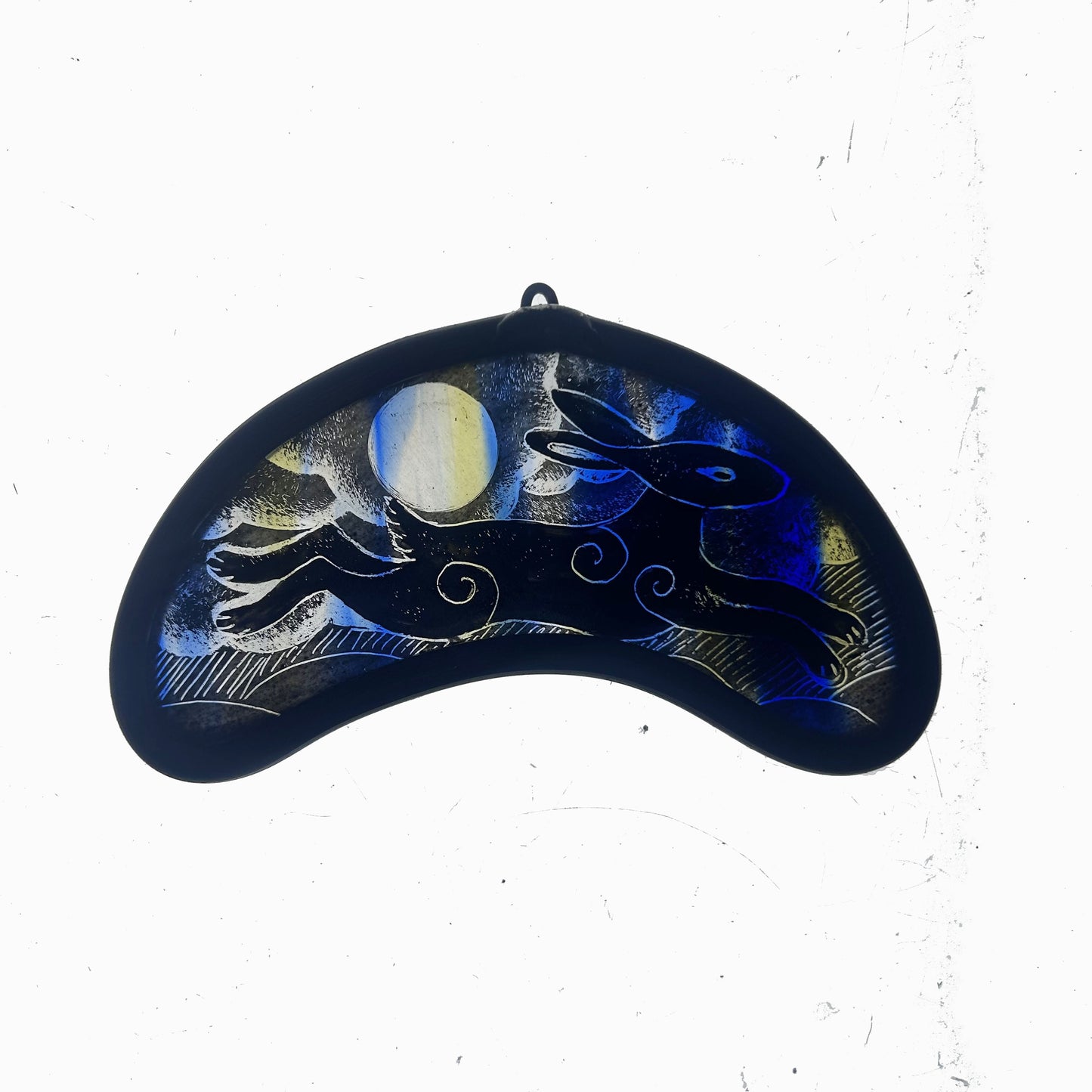 Leaping Black Hare ( Blue and Yellow) Stained Glass Miniature