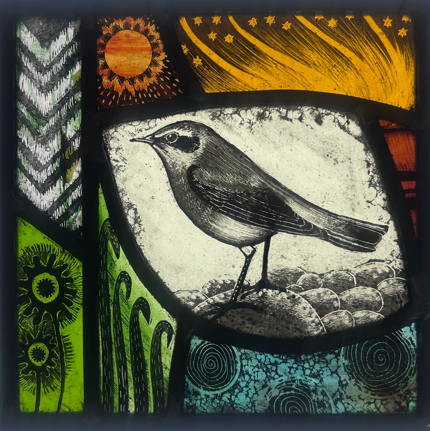 Black Eared-Wheatear and Sun Stained Glass Square, Medium