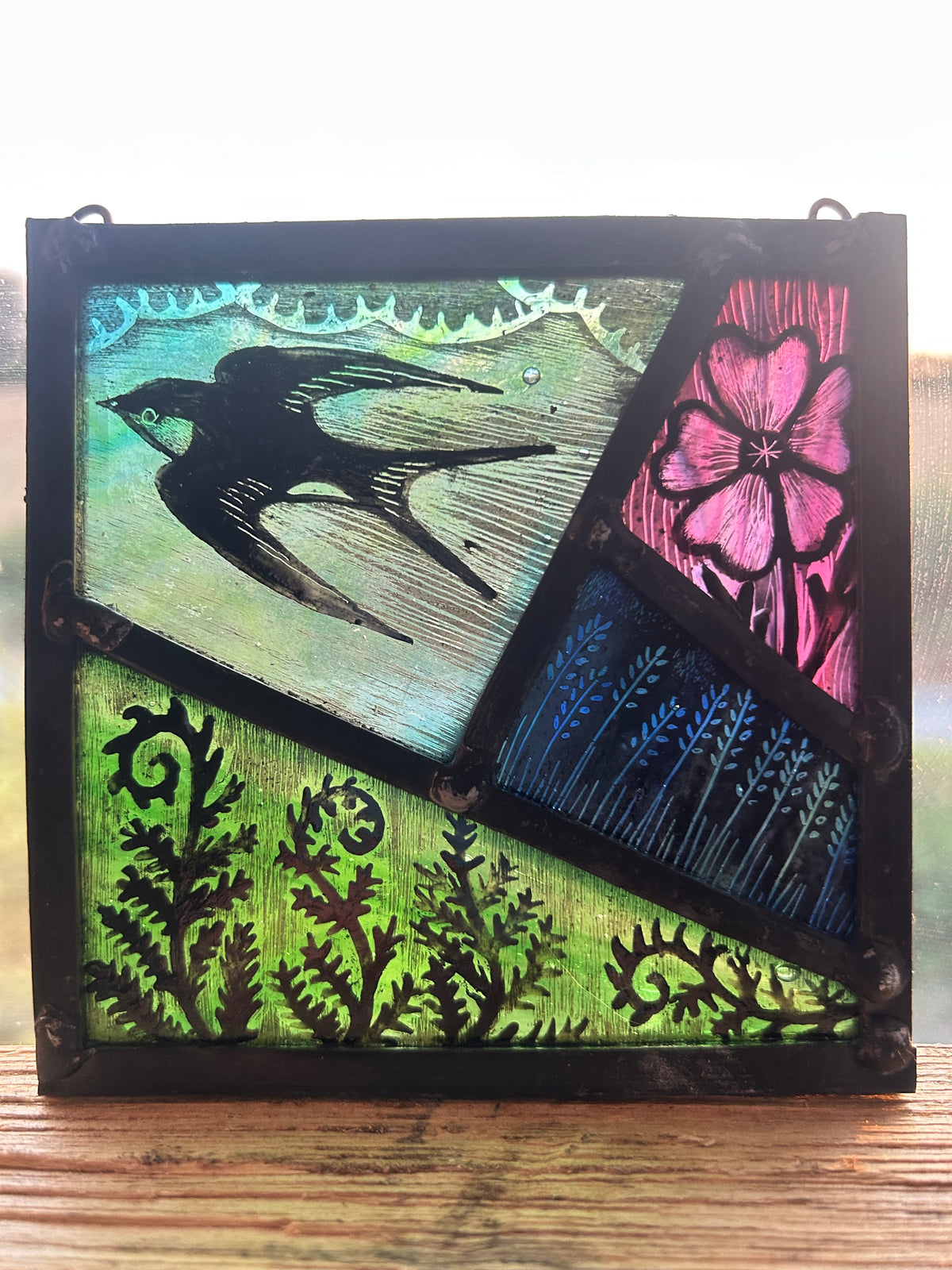 Swallow, Flowers and Frond Glass Panel Square, Small