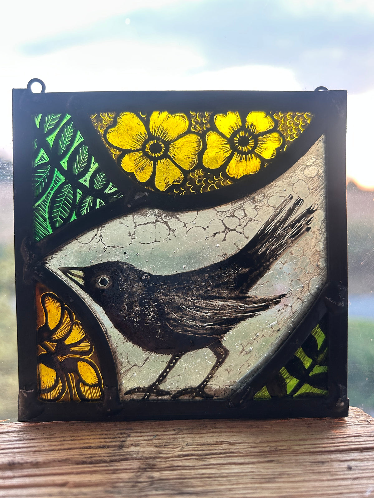 Blackbird and Yellow Buttercups Stained Glass Panel Square