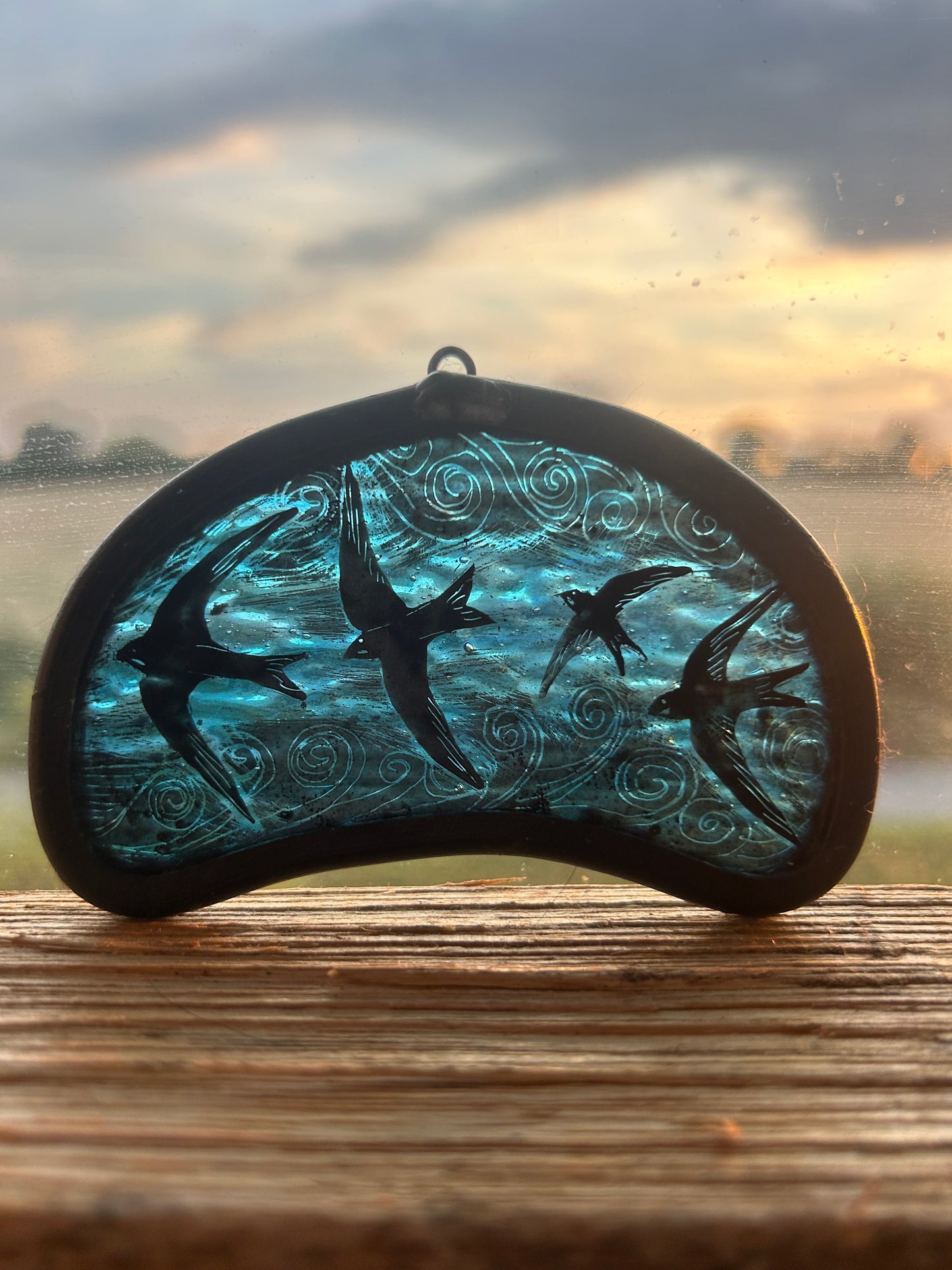 Swifts in Flight on Blue Stained Glass Miniature