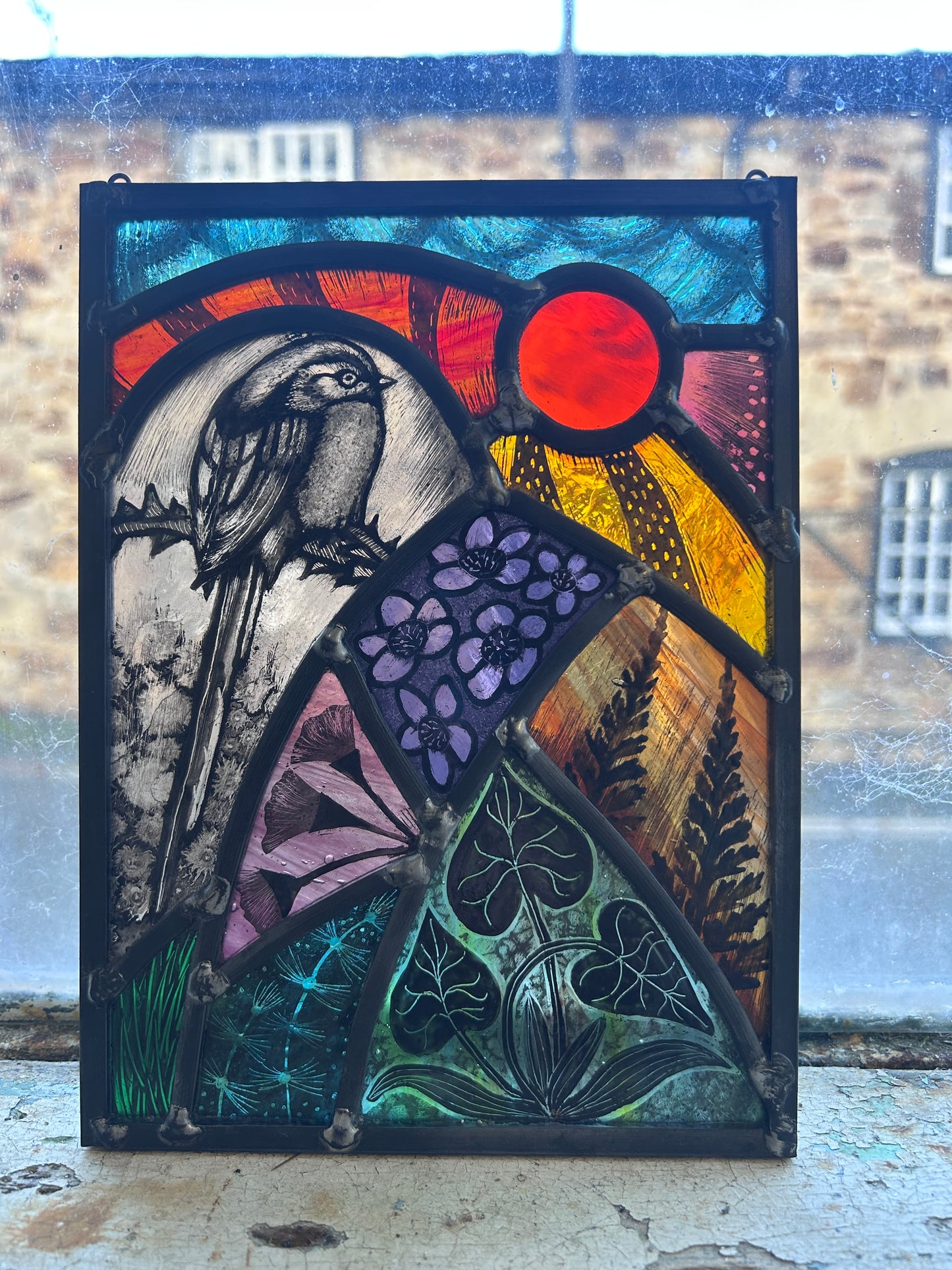 Long-Tailed Tit Stained Glass Panel Rectangle, Large