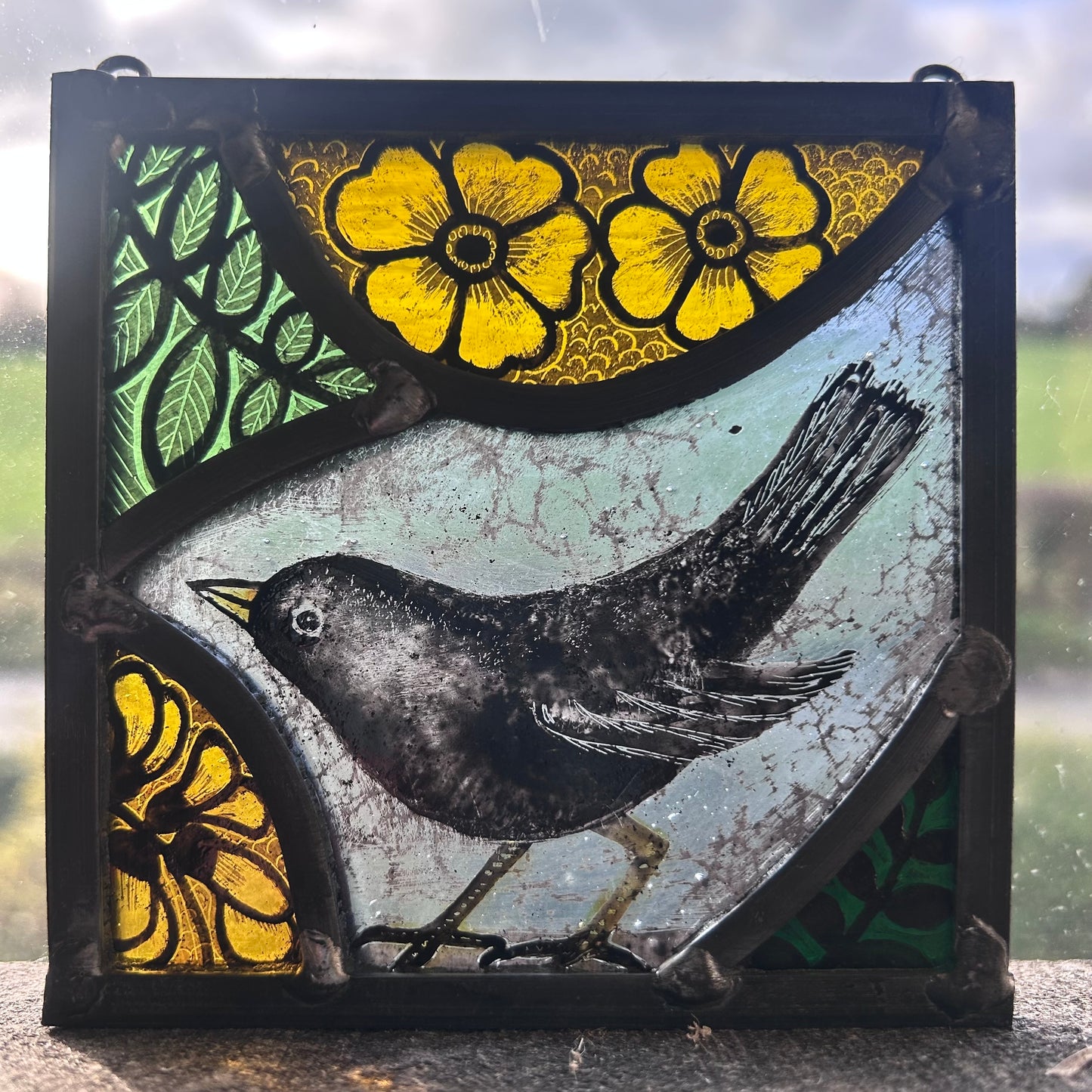 Blackbird and Yellow Flowers Stained Glass Panel Square, Small 2