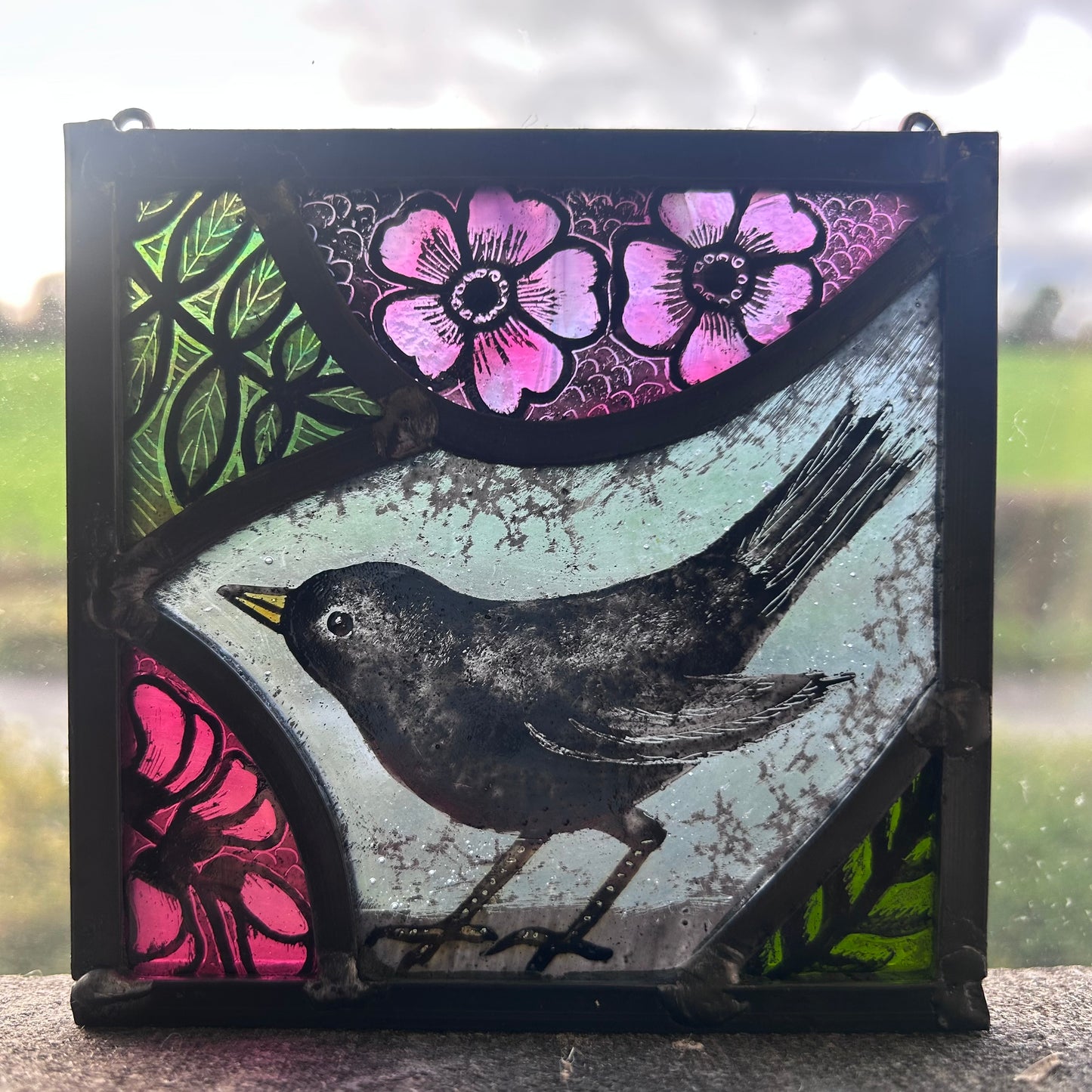 Blackbird and Pink Flowers Stained Glass Panel Square, Small