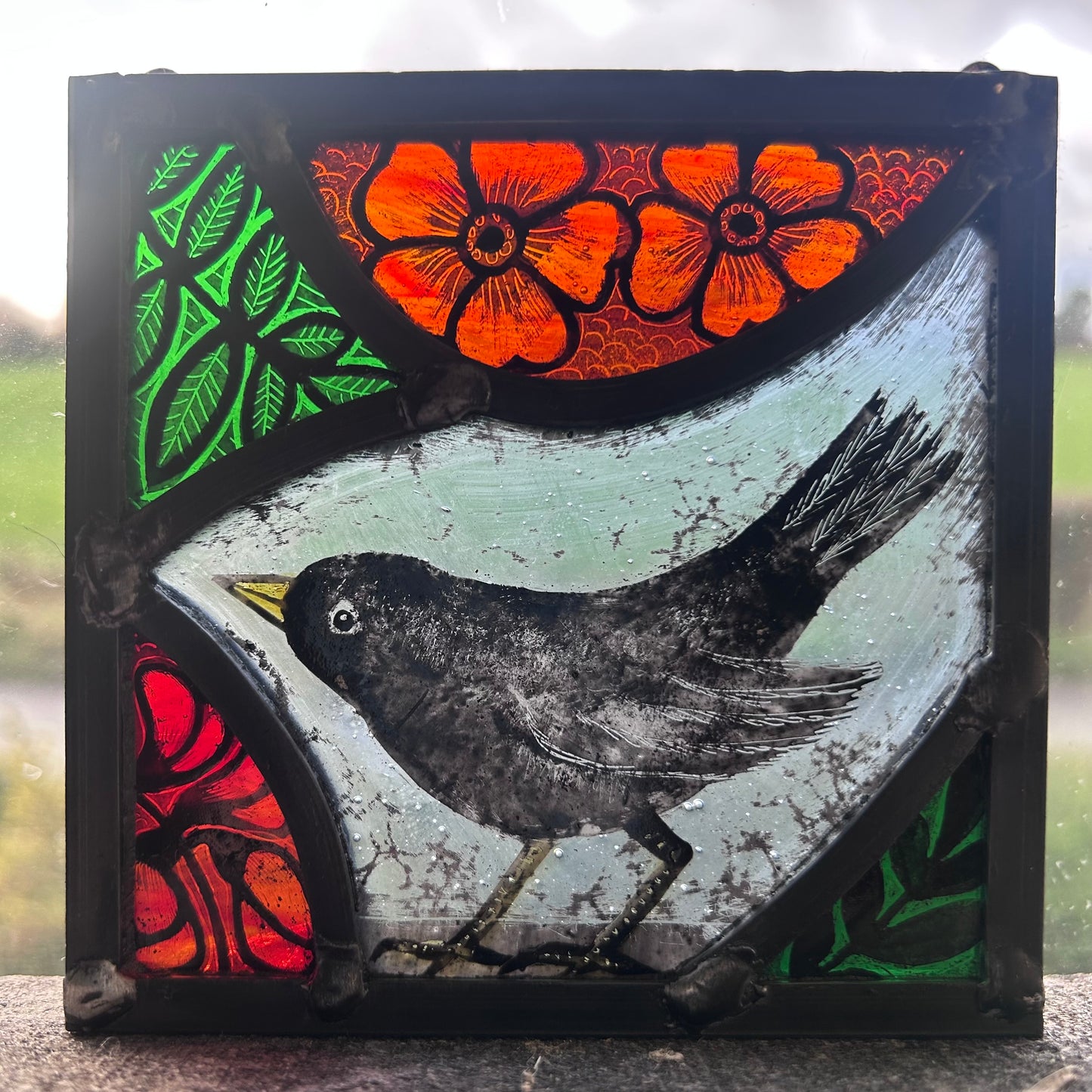 Blackbird and Orange Flowers Stained Glass Panel Square, Small