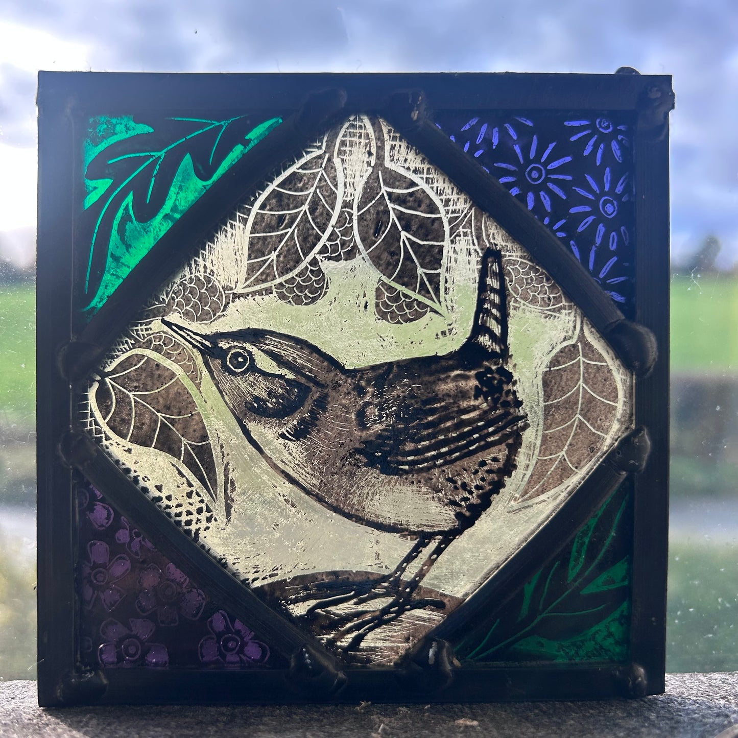 Wren and Flowers Stained Glass Panel Square, Small