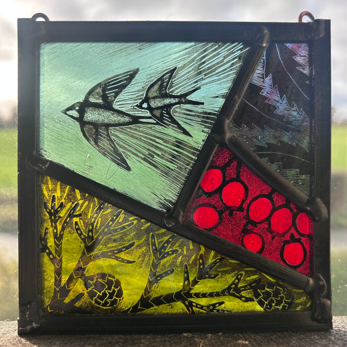 House Martins in flight, berries and Fir, Stained Glass Panel Square, Small