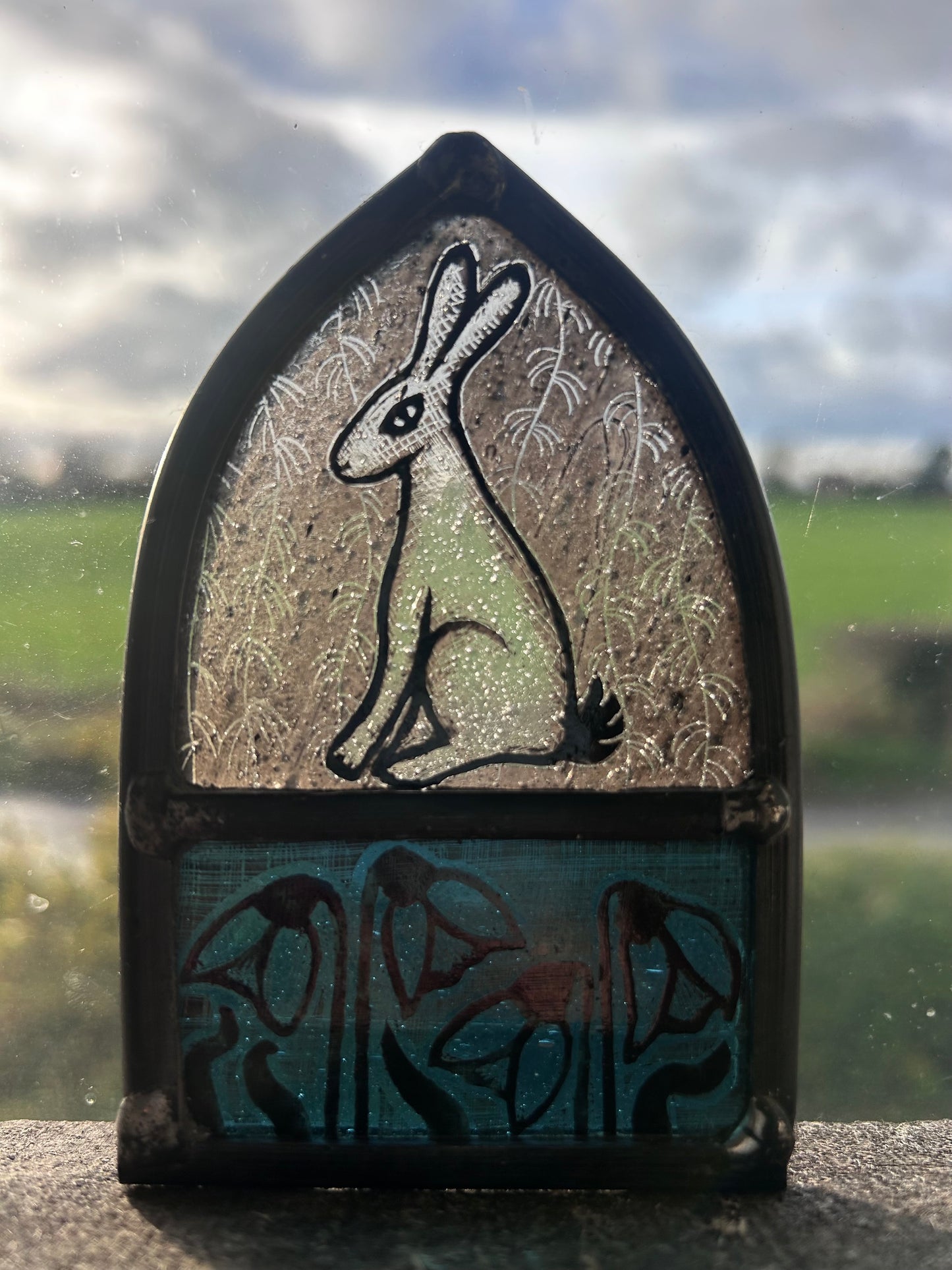 White Hare and Snowdrops Stained Glass Arch, Small 2