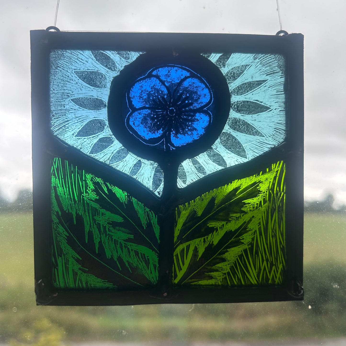 Blue Flower Stained Glass Panel Square, Small
