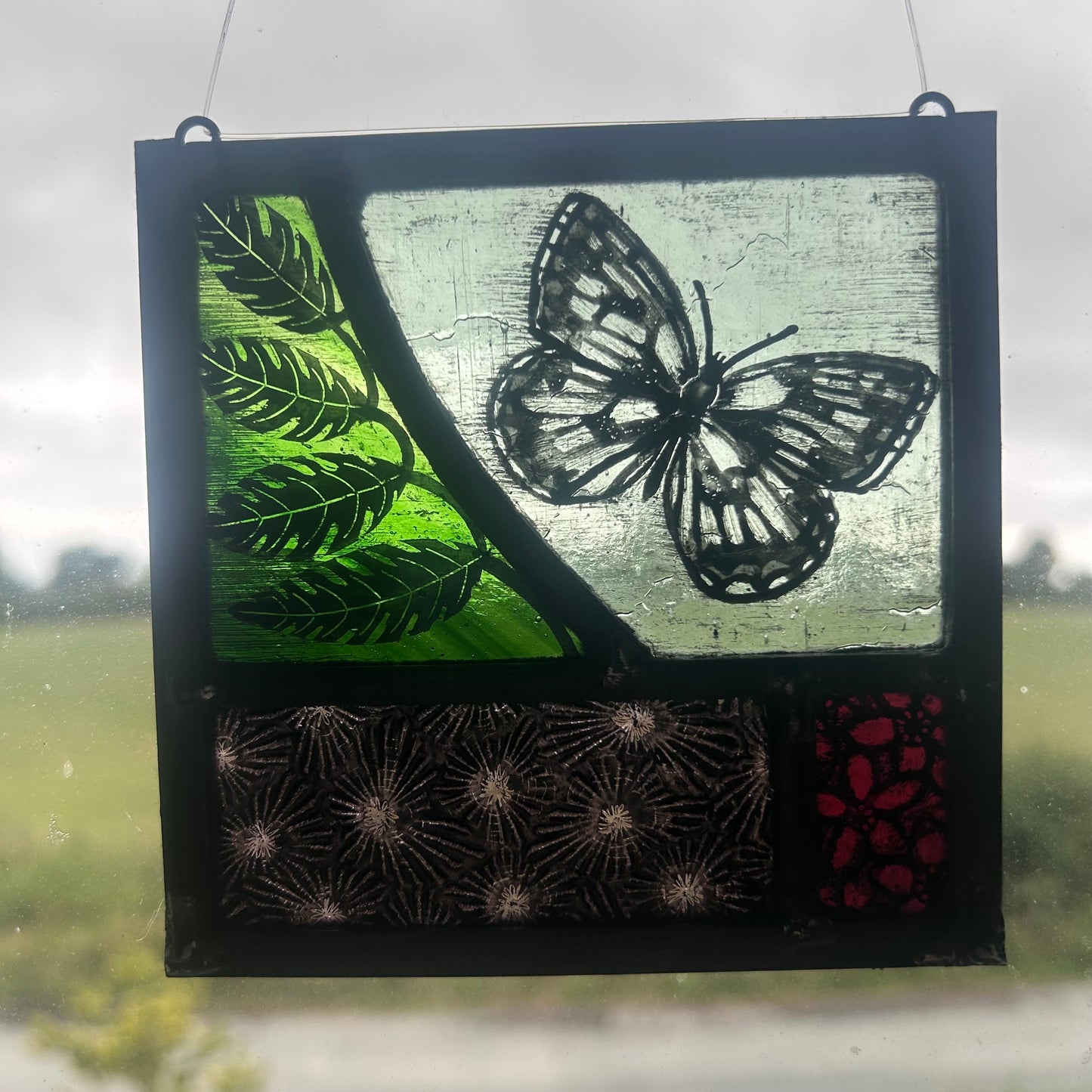 Butterfly and Buttercups Stained Glass Square, Small
