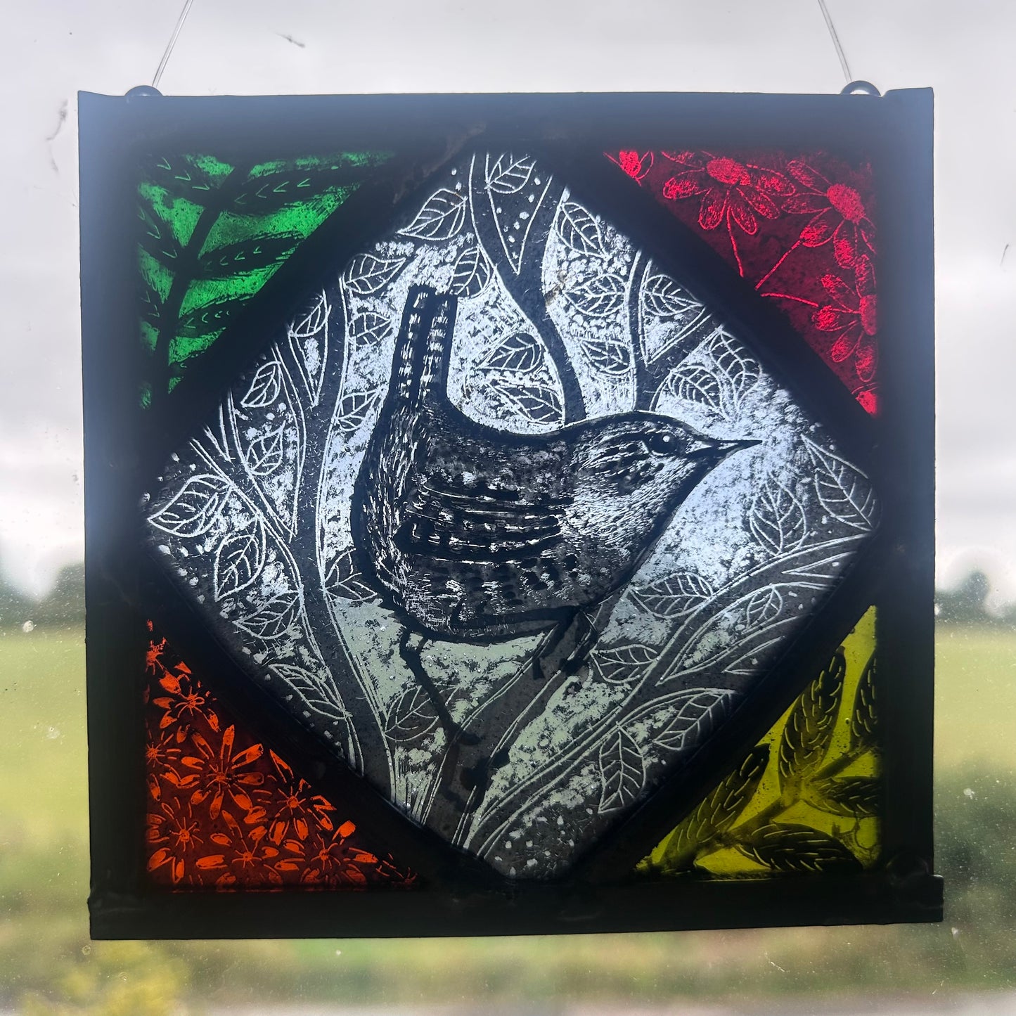 Wren and Flowers Stained Glass Panel Square, Small