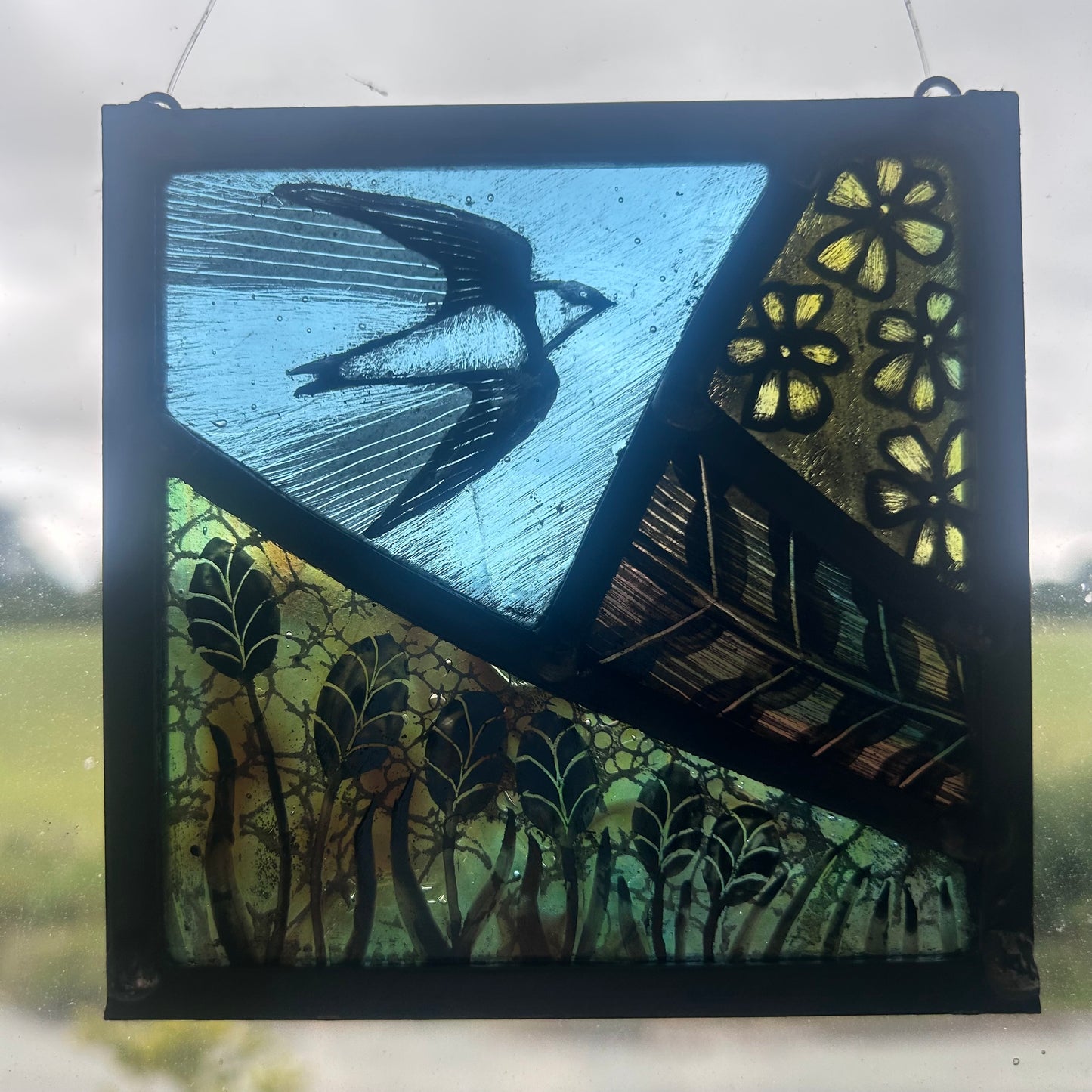 Sand Martin, Pansy Flowers and Seed head Glass Panel Square, Small