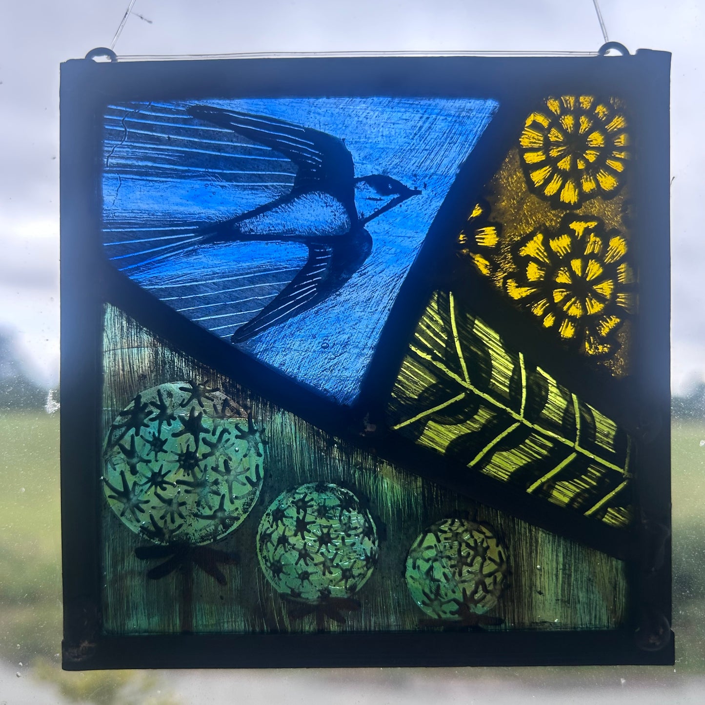 Sand Martin, Dandelion Flowers and Clock Stained Glass Panel Square, Small