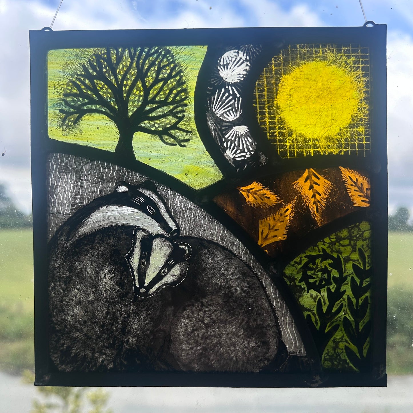 Badgers in Burrow Stained Glass Panel, Medium Square