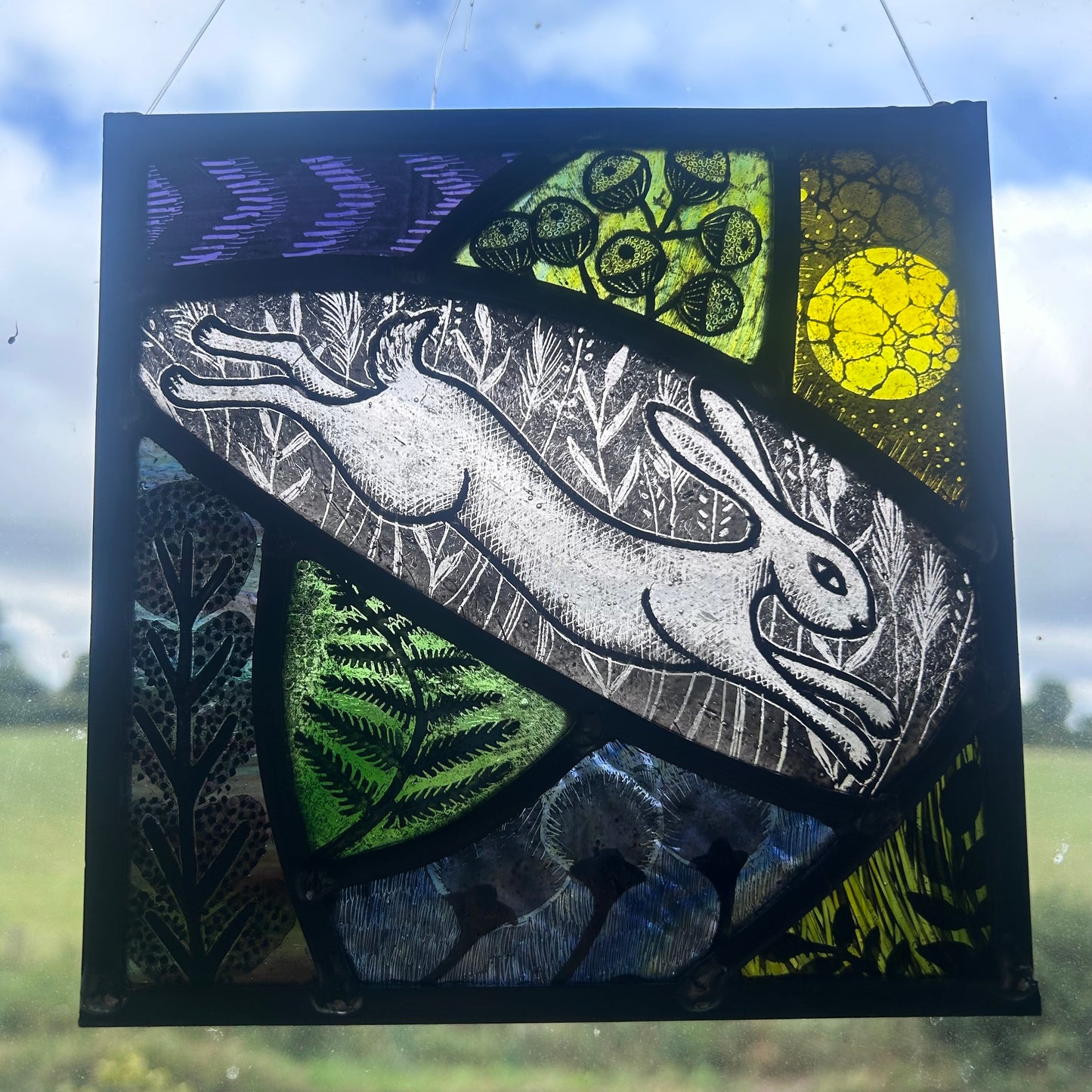 Leaping Hare and Sun Stained Glass Square, Medium