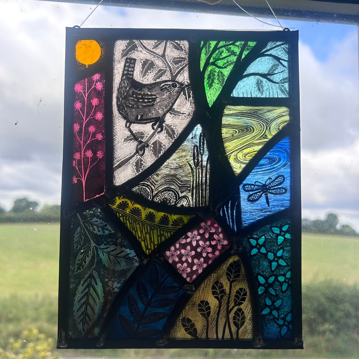 Wren and Dragonfly Stained Glass Panel, Rectangle