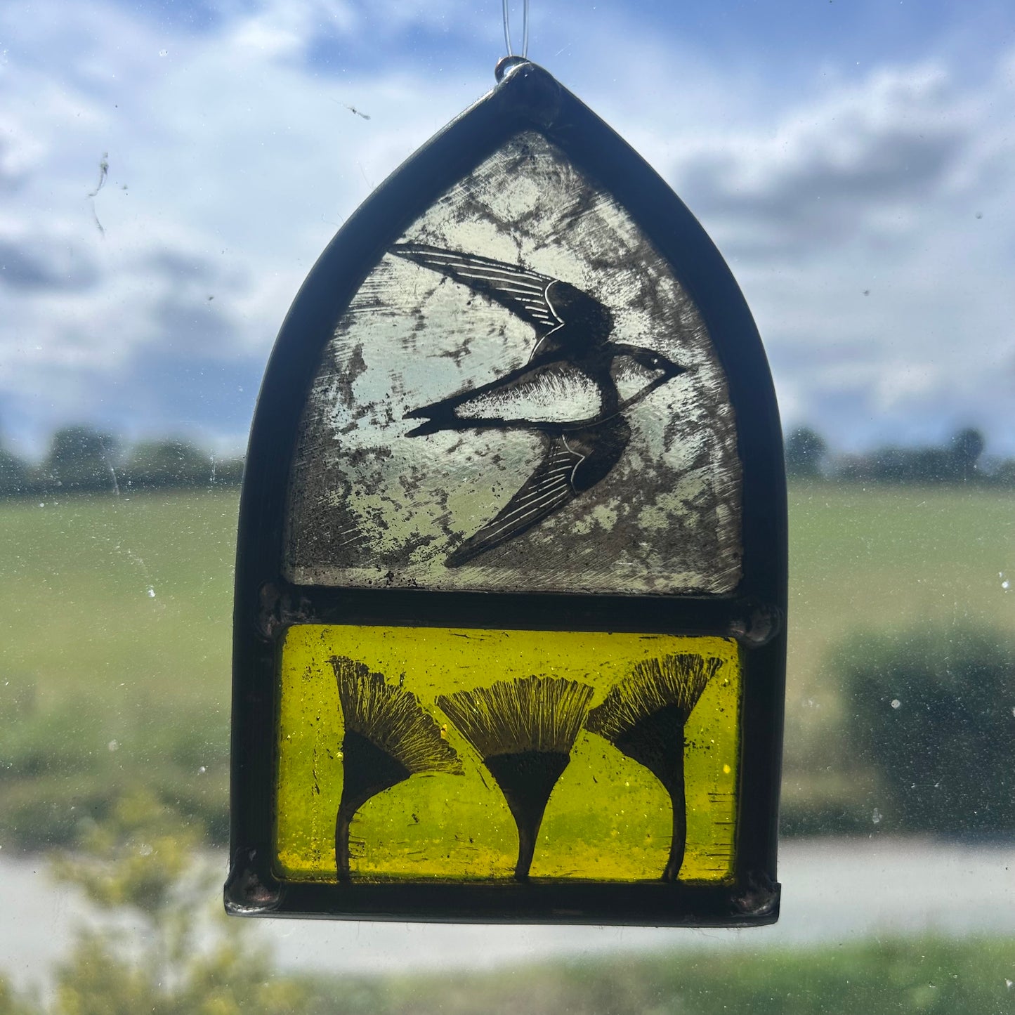 House Martin with Yellow Teasel Flowers Stained Glass Arch, Small