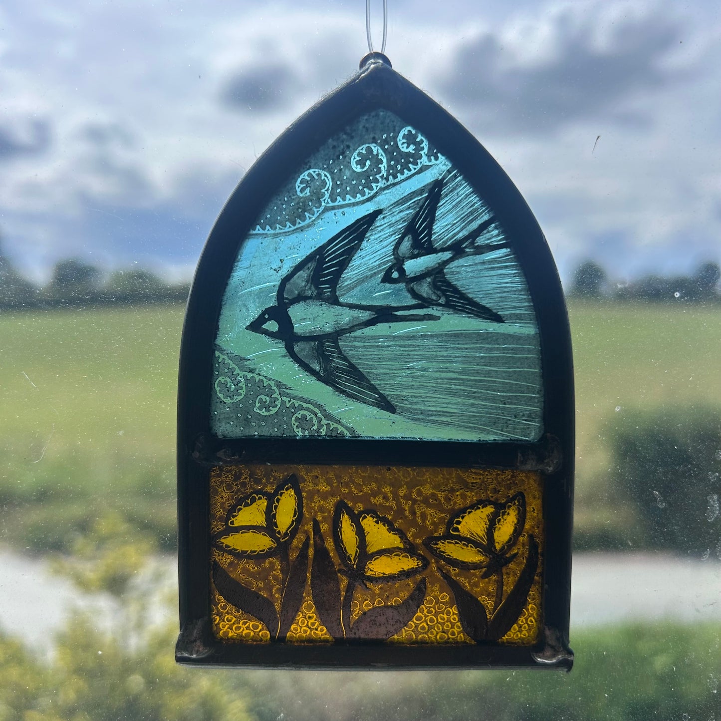 Swallows and Clouds with Buttercups Stained Glass Arch, Small