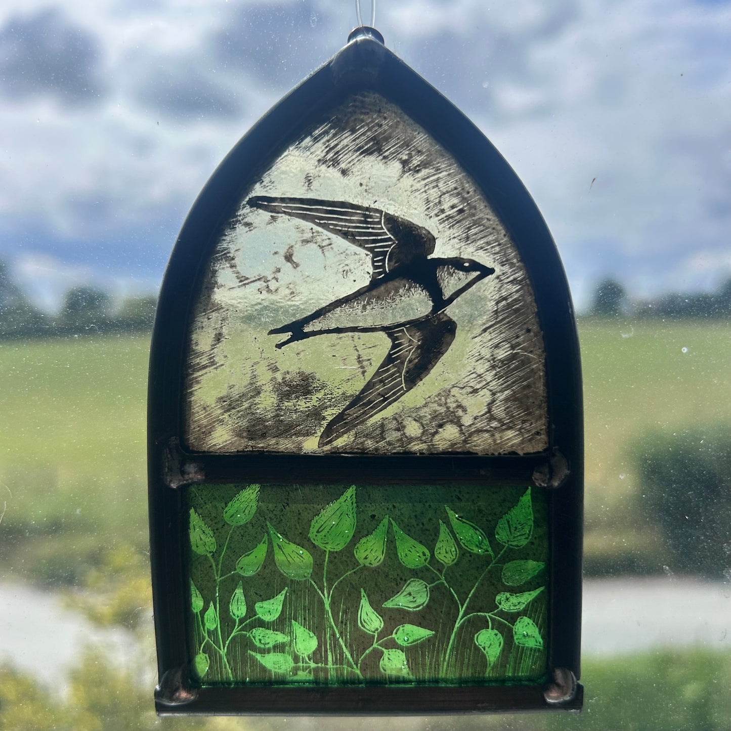 House Martin with Green Leaves Glass Arch, Small