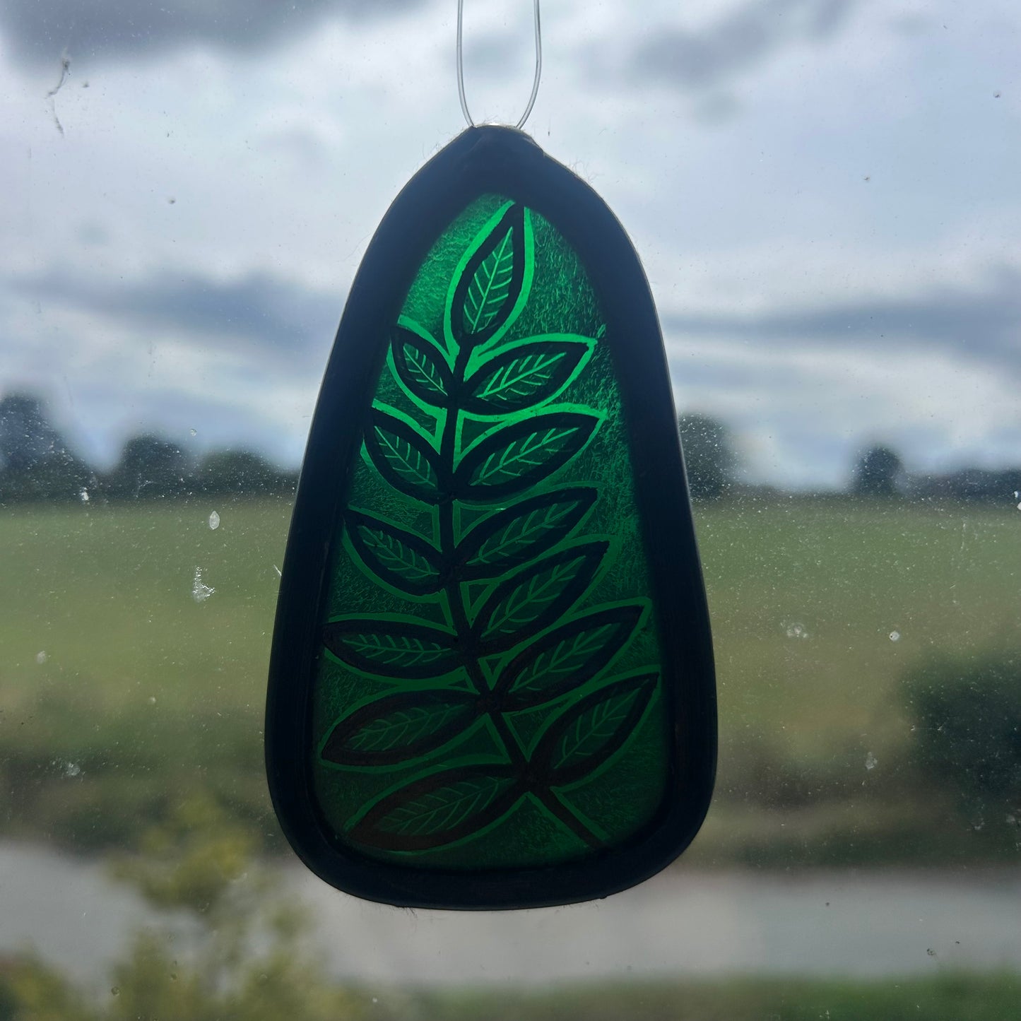 Dark Green Leaf frond Stained Glass Miniature