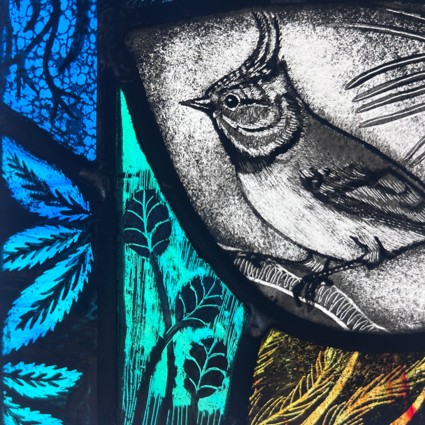 Crested Tit and Moon Stained Glass Square, Medium