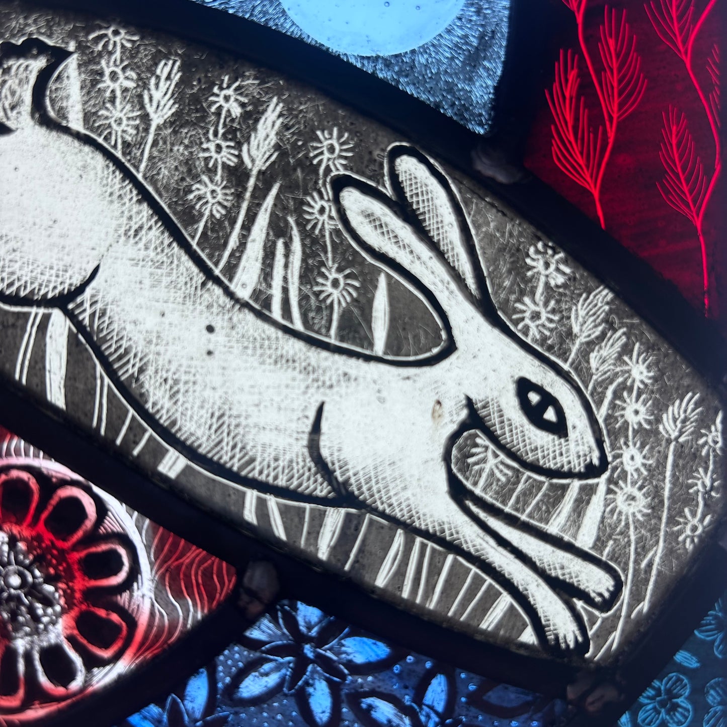 Leaping Hare and Moon Stained Glass Square, Medium