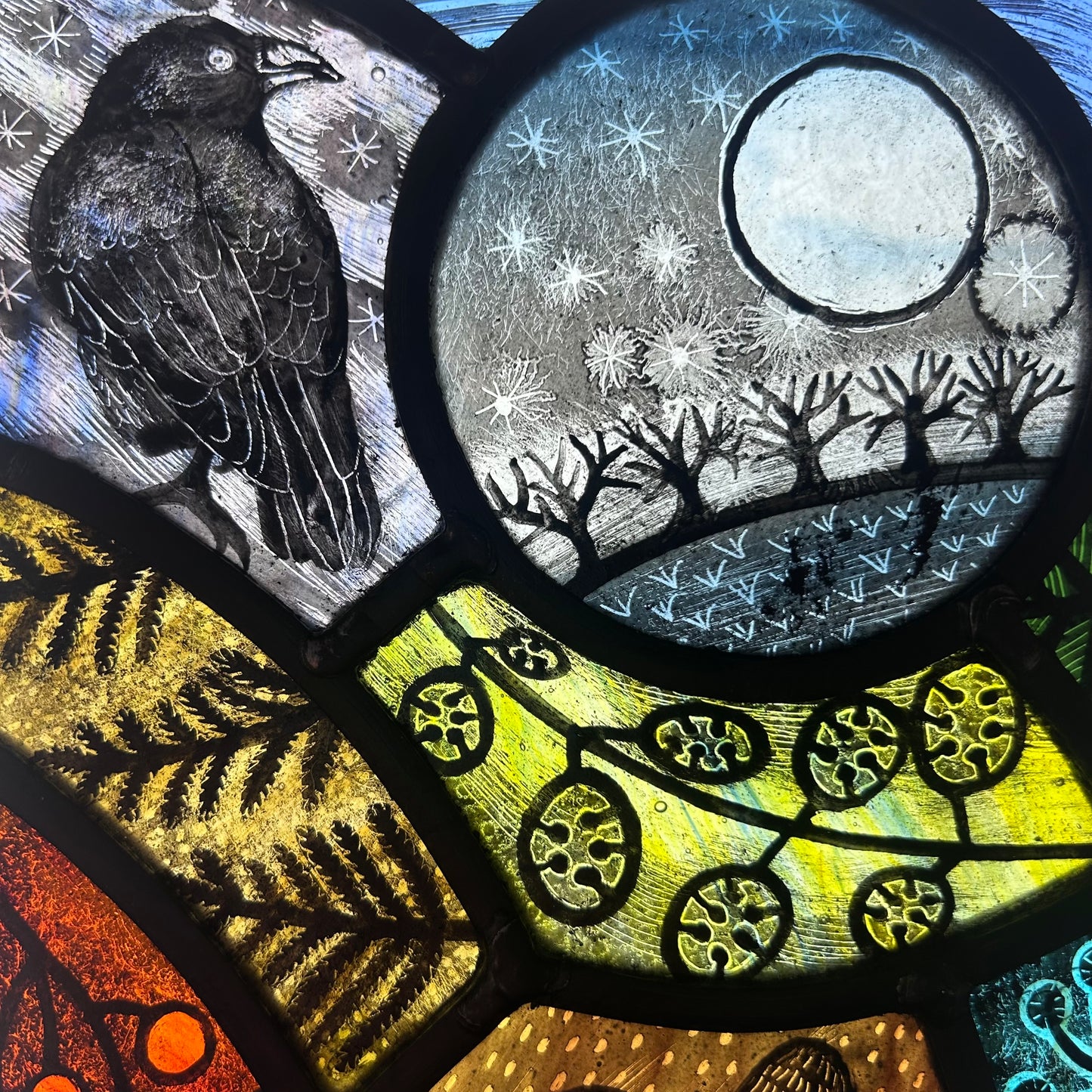 Raven and Moon Stained Glass Panel Rectangle, Large