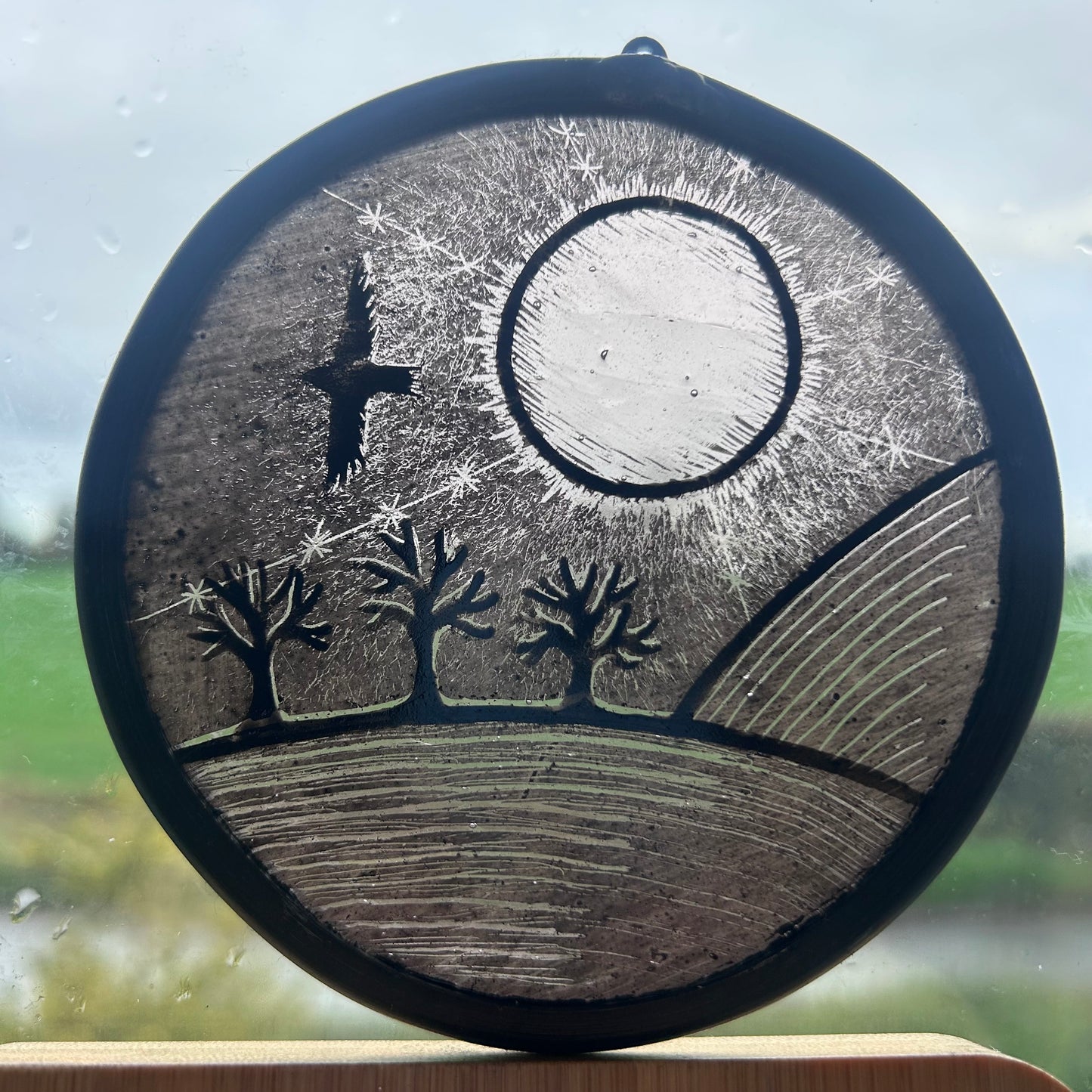 Winter Sun and Crow Stained Glass Roundel, Small