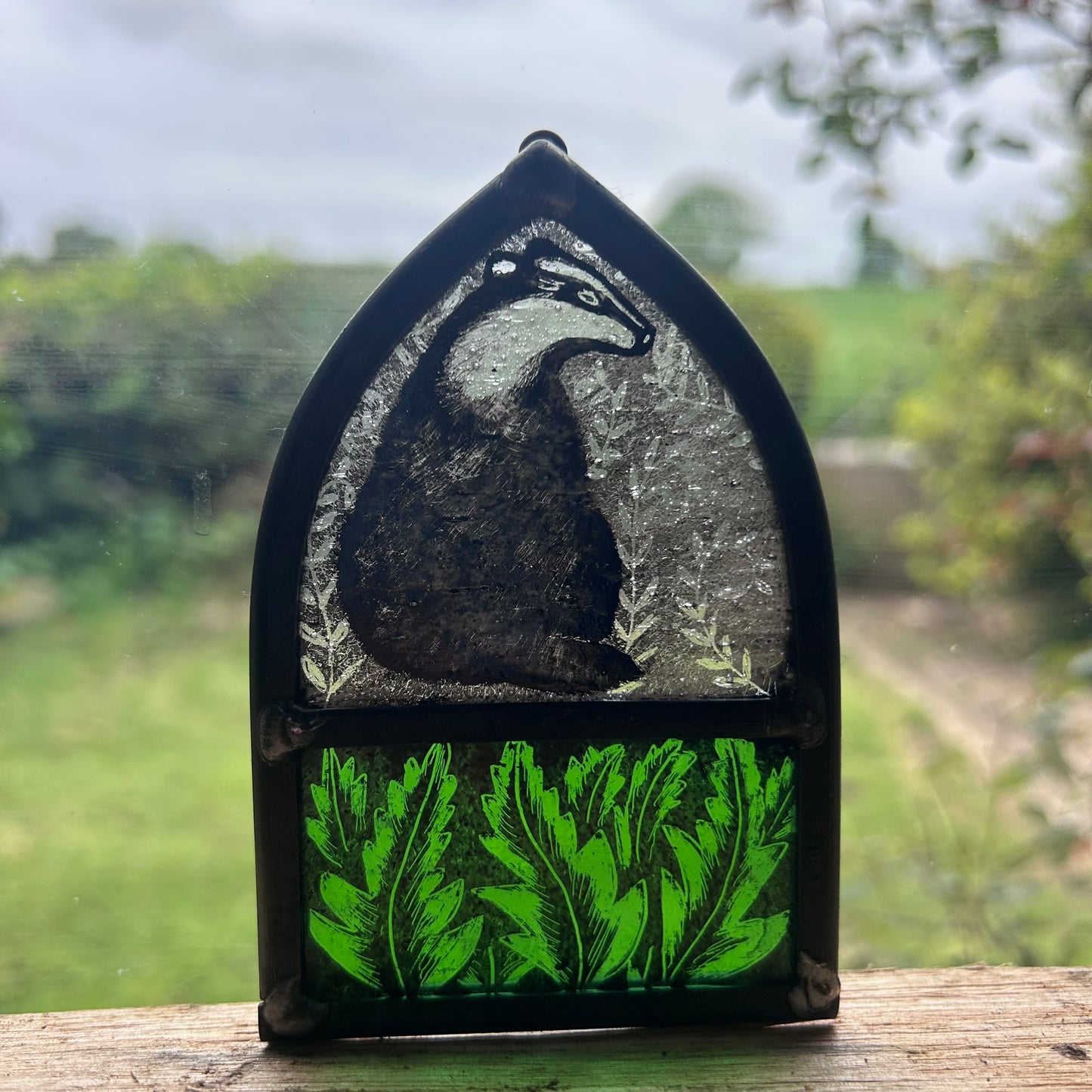 Badger and Leaves, Stained Glass Arch, Small 2