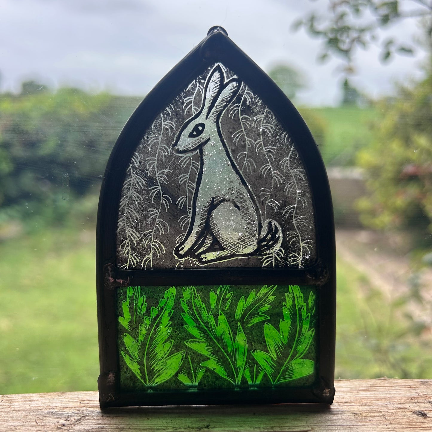 White Hare and Leaves Stained Glass Arch, Small 2
