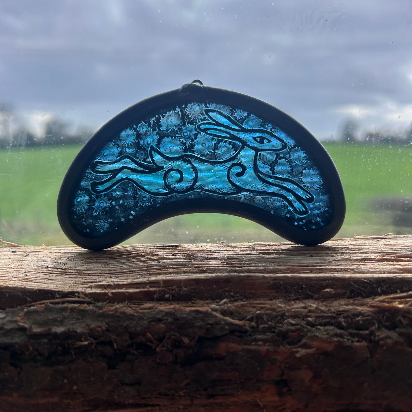 Leaping Turquoise Hare Stained Glass Miniature