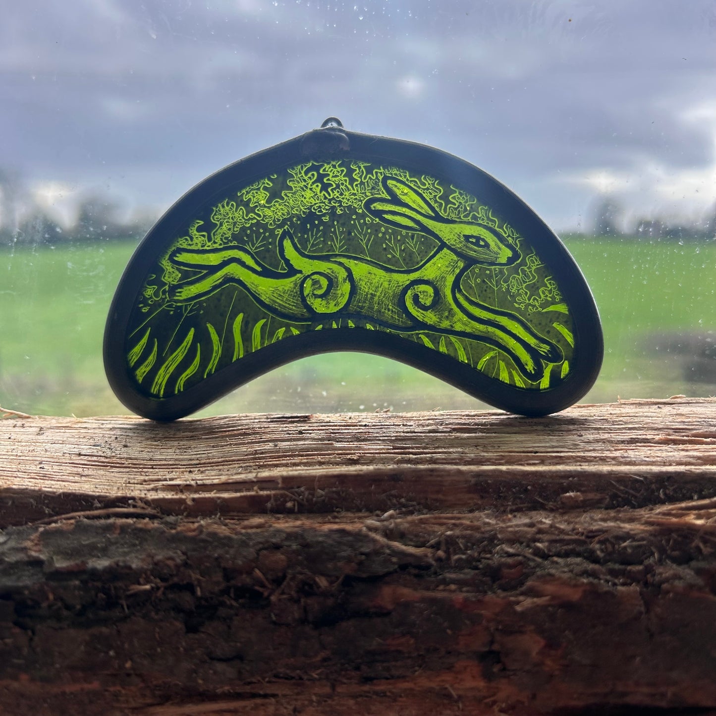 Leaping Green Hare Stained Glass Miniature