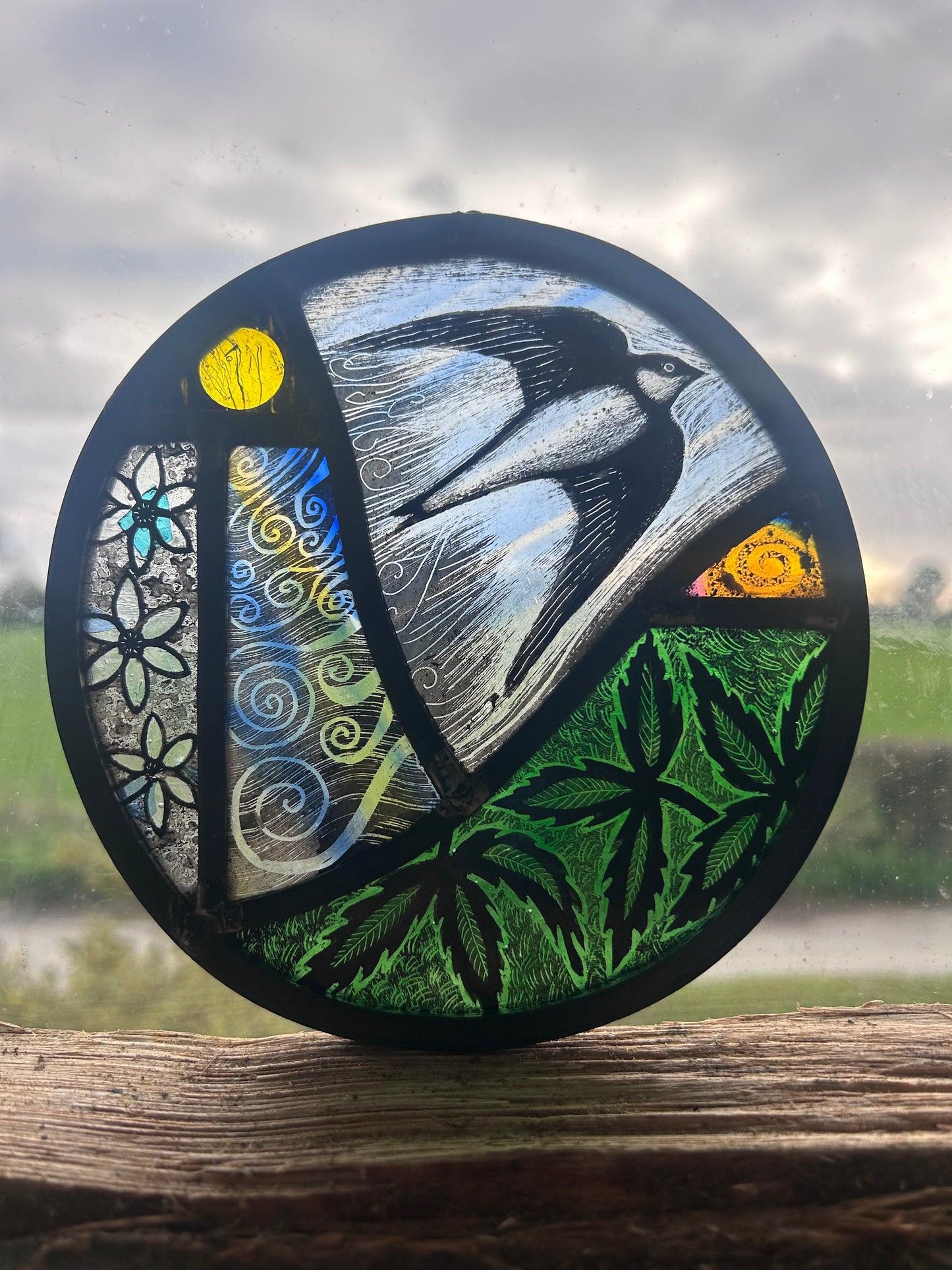 House Martin Flying Stained Glass Roundel, Medium