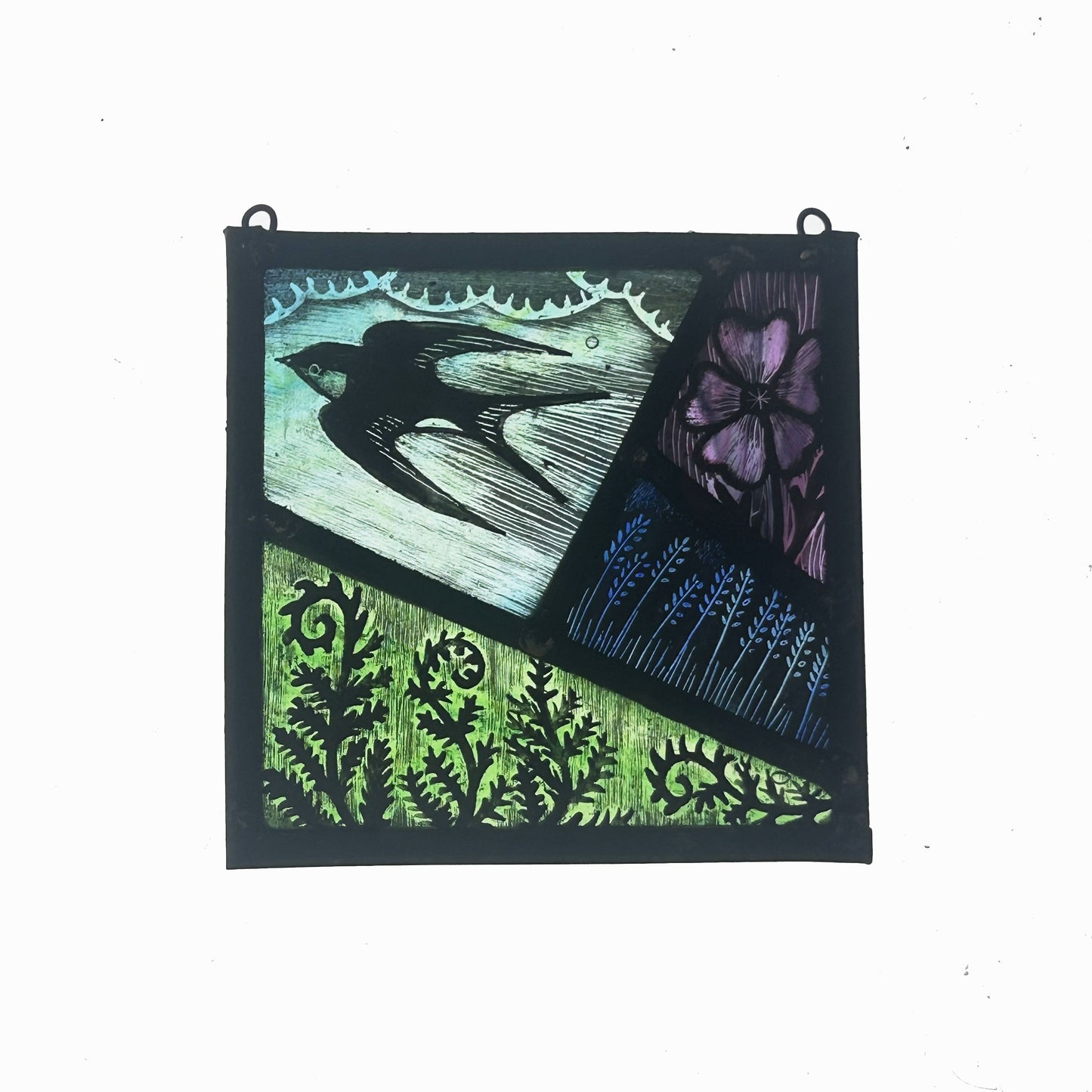 Swallow, Flowers and Frond Glass Panel Square, Small