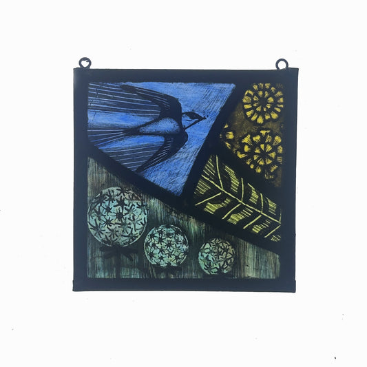 Sand Martin, Dandelion Flowers and Clock Stained Glass Panel Square, Small