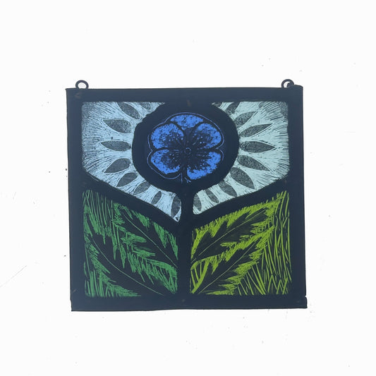 Blue Flower Stained Glass Panel Square, Small