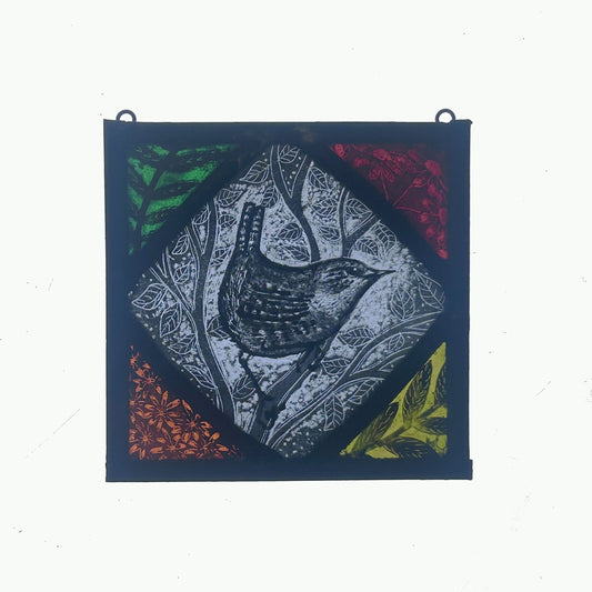Wren and Flowers Stained Glass Panel Square, Small
