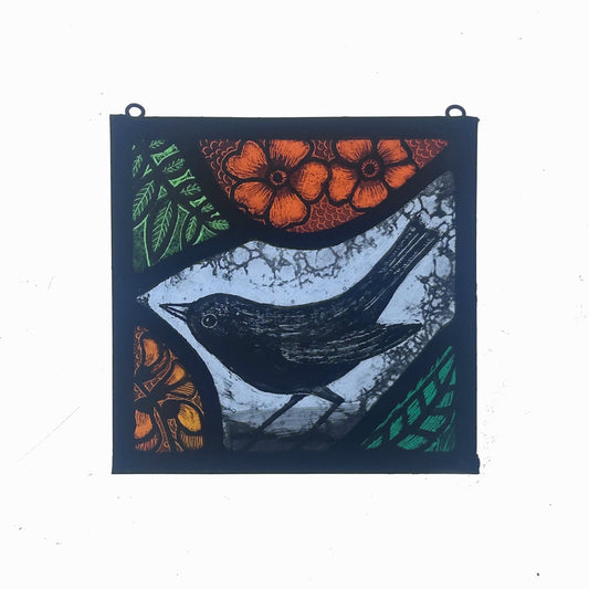 Blackbird and Flowers Stained Glass Panel Square, Small