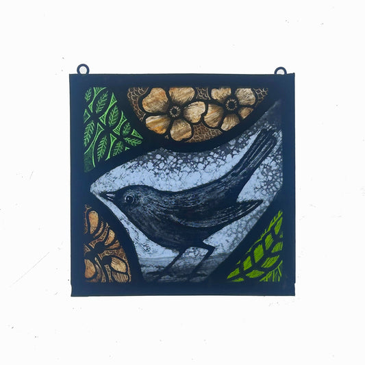 Blackbird and Flowers Stained Glass Panel Square, Small 2