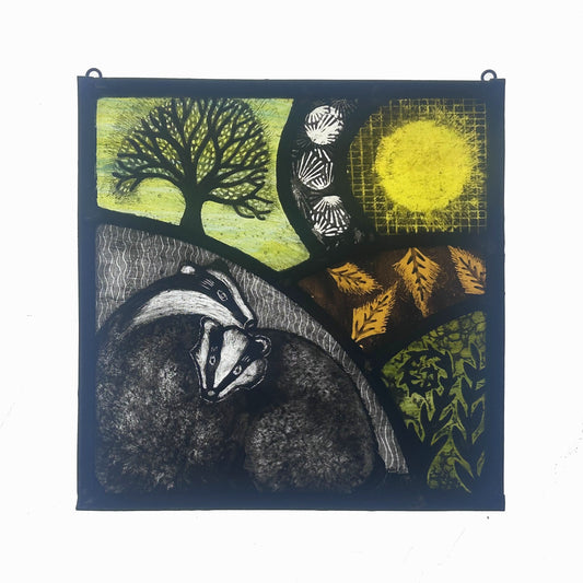 Badgers in Burrow Stained Glass Panel, Medium Square