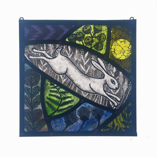Leaping Hare and Sun Stained Glass Square, Medium