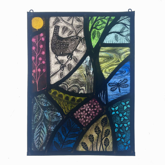 Wren and Dragonfly Stained Glass Panel, Rectangle